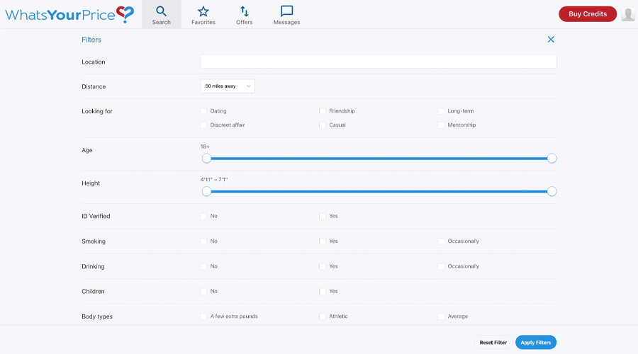 whatsyourprice search filters